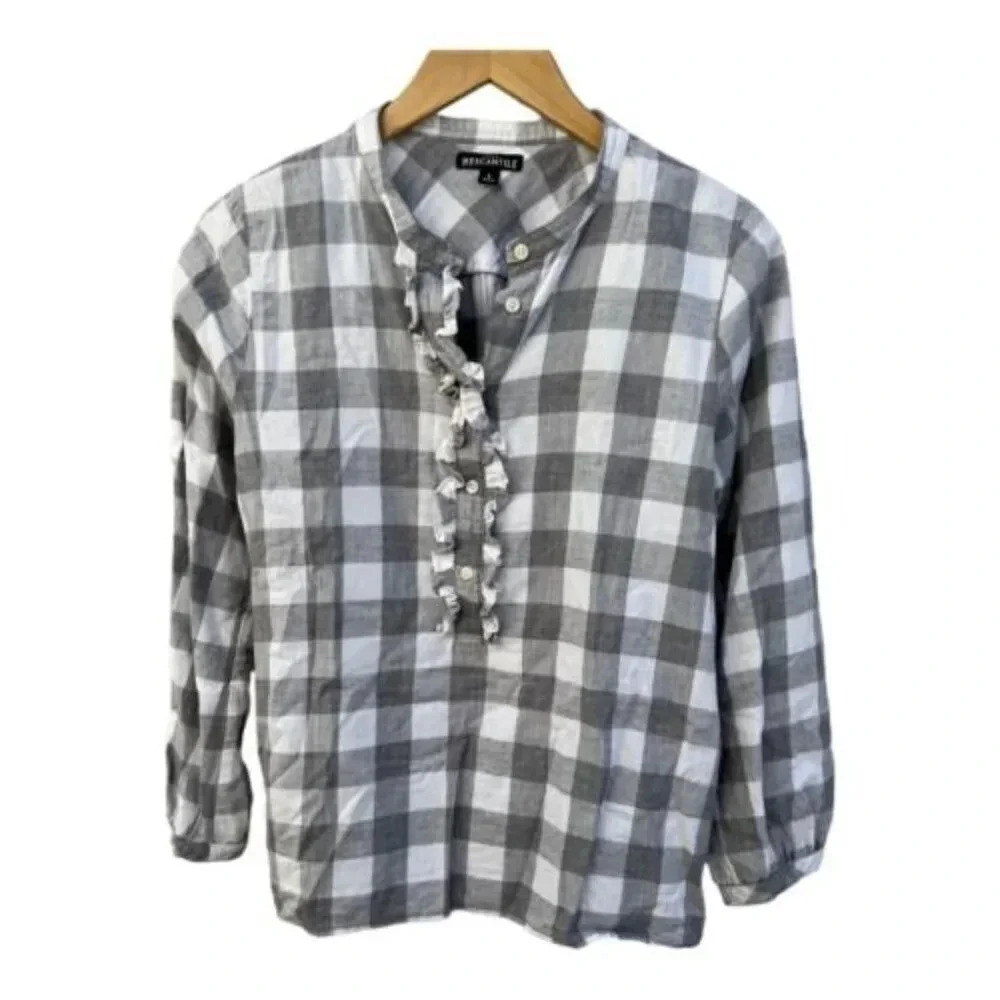 J Crew Mercantile Size‎ Small Ruffle Flannel Shirt Gray White Plaid Pullover​​